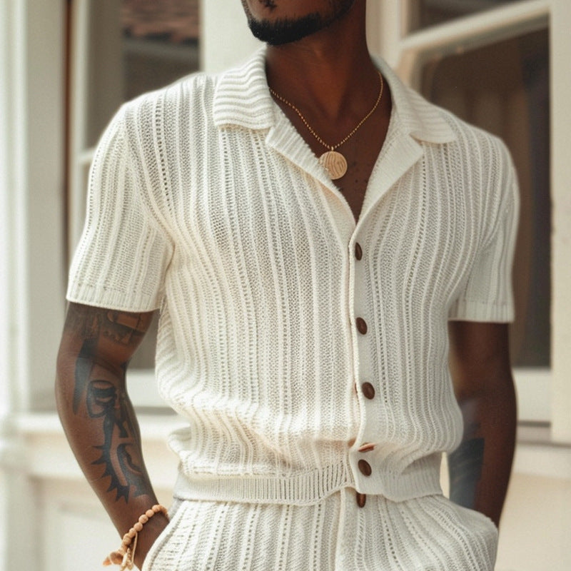 Casual Vertical Pattern Suit Slim Lapel Short Sleeve Button Shirt Shorts