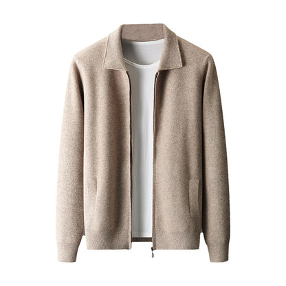 Pure Wool Cardigan Men's Knitted Turn-down Collar Coat