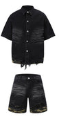 Cut Edge Stitching Leopard Print Denim Short Sleeve