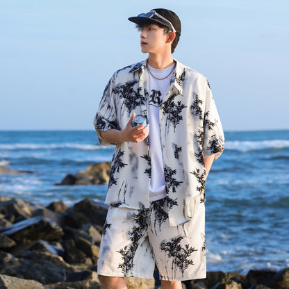Ice Silk Tie-dye Sports Suit Men's Short-sleeve Shirt Beach Shorts Two-piece Set