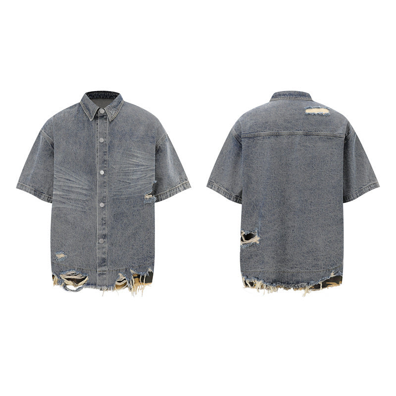 Cut Edge Stitching Leopard Print Denim Short Sleeve