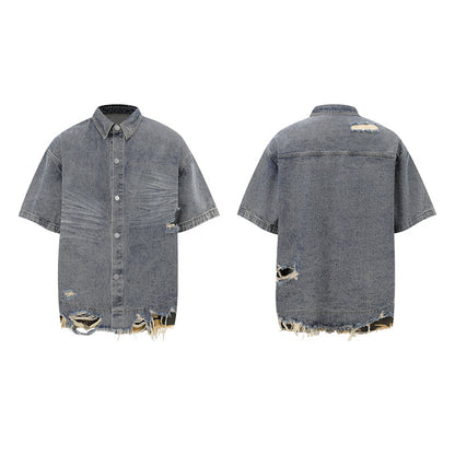 Cut Edge Stitching Leopard Print Denim Short Sleeve