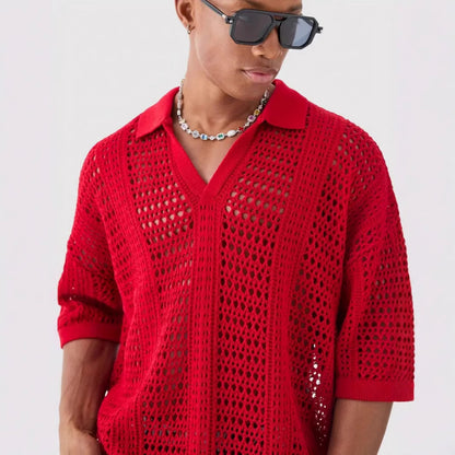 Hollow Mesh Texture Knitted Short-sleeved Polo Shirt