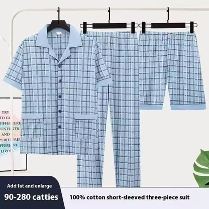 Three-piece Pajamas Men's Summer Pure Cotton Short Sleeve Trousers Suit
