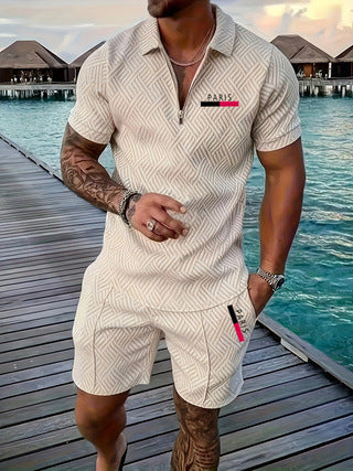 Casual Retro Plaid Printed PARIS Heat Transfer Patch Men's Beach Suit