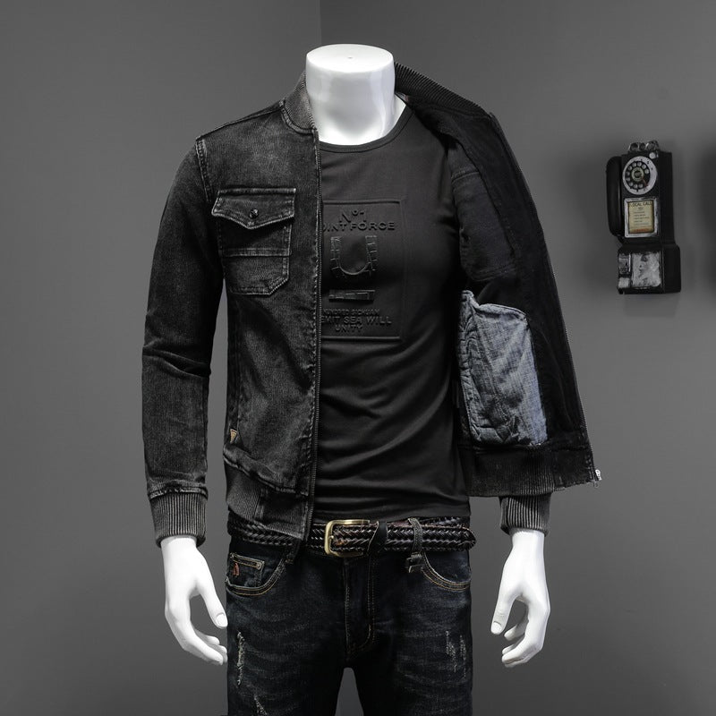 Baseball Collar Corduroy Washed Denim Top