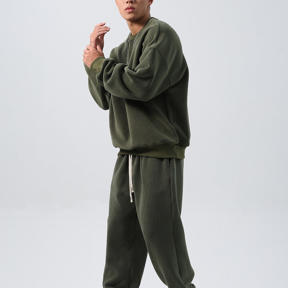 Sports Suit Men's Loose Long Sleeve Crew Neck Coat Padded Fleece Trousers Double-sided Shake