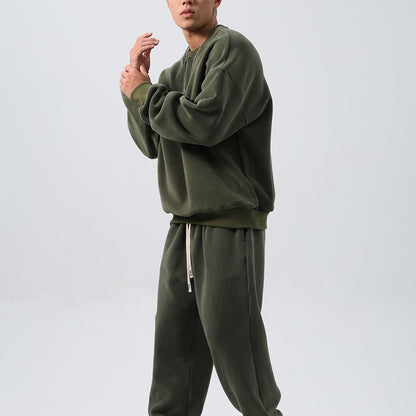 Sports Suit Men's Loose Long Sleeve Crew Neck Coat Padded Fleece Trousers Double-sided Shake