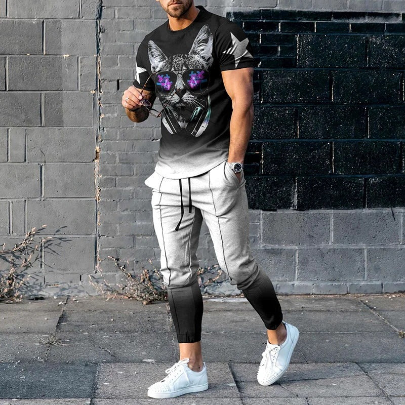 Short-sleeved Men's Cotton-like Fashionable Printed Thin Round Neck Pullover Men's Suit