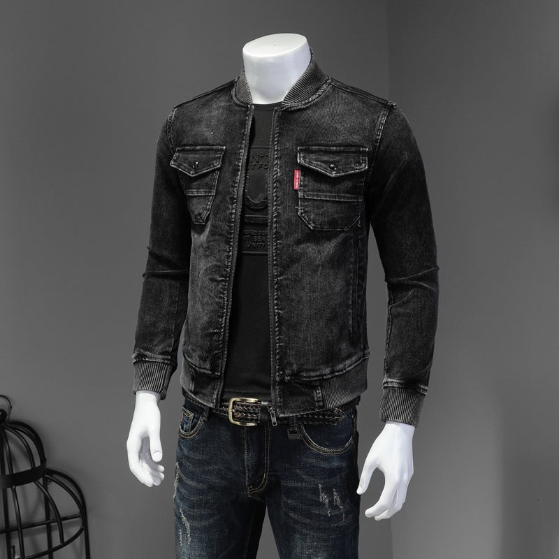 Baseball Collar Corduroy Washed Denim Top