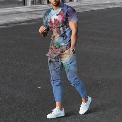 Short-sleeved Men's Cotton-like Fashionable Printed Thin Round Neck Pullover Men's Suit