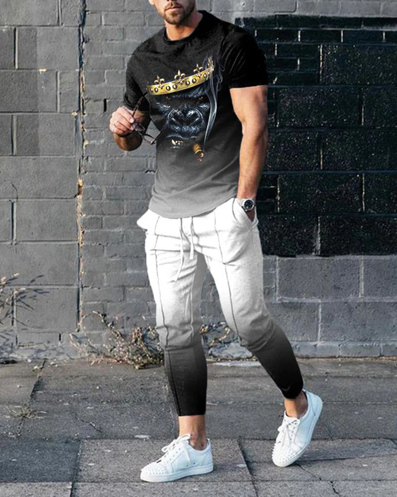 Short-sleeved Men's Cotton-like Fashionable Printed Thin Round Neck Pullover Men's Suit