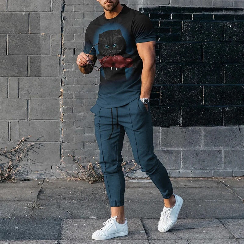 Short-sleeved Men's Cotton-like Fashionable Printed Thin Round Neck Pullover Men's Suit