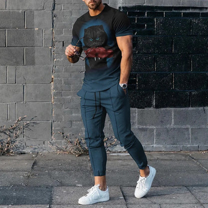 Short-sleeved Men's Cotton-like Fashionable Printed Thin Round Neck Pullover Men's Suit