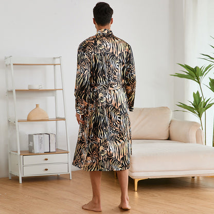 Men's Robes Fashion Ice Silk Bathrobe Homewear Set Pajamas
