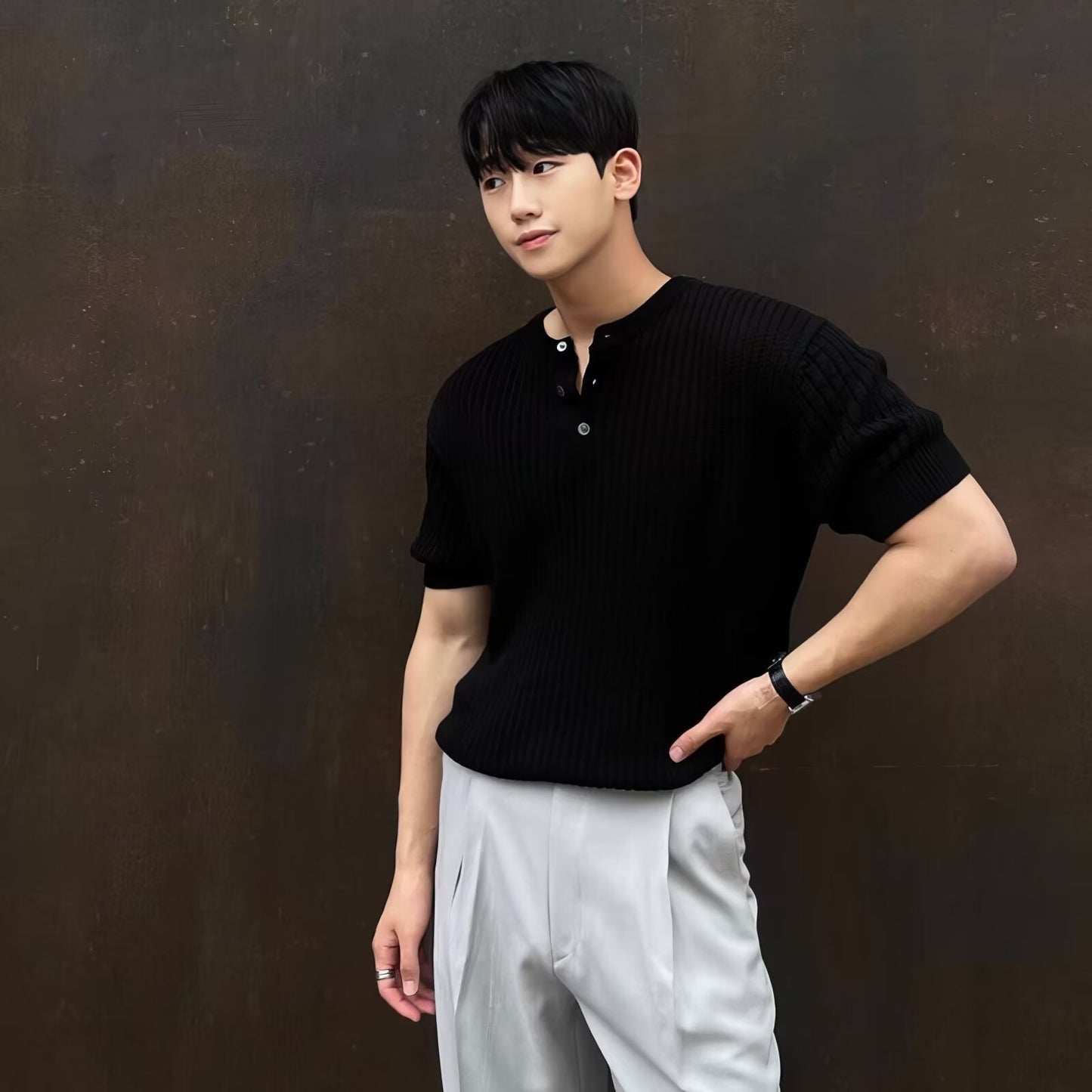 Short Sleeve Men's Vertical Stripes Ice Silk Breathable Slim Fit