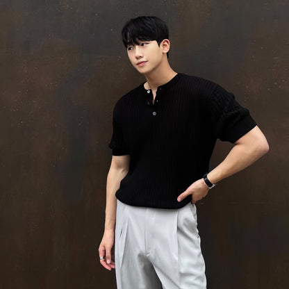 Short Sleeve Men's Vertical Stripes Ice Silk Breathable Slim Fit