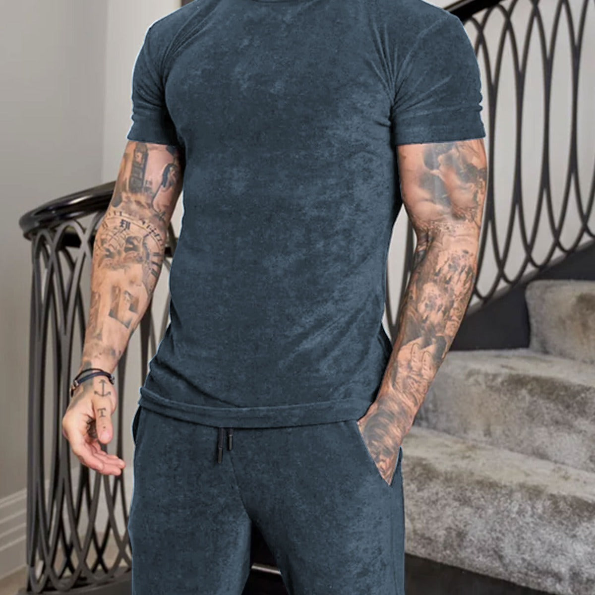 Suede Casual Sports Short Sleeve Suit