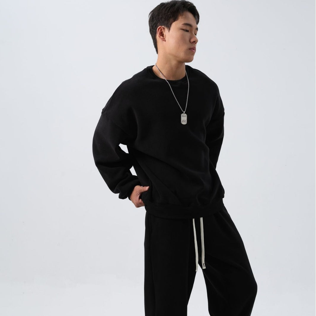 Sports Suit Men's Loose Long Sleeve Crew Neck Coat Padded Fleece Trousers Double-sided Shake