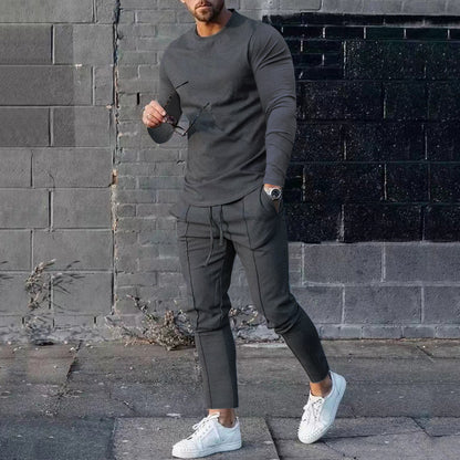 Spring Round Neck Long Sleeve T-shirt Trousers Solid Color Men's Two-piece Suit