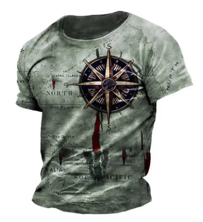 Men's Vintage Nautical Map Compass Printed T-shirt