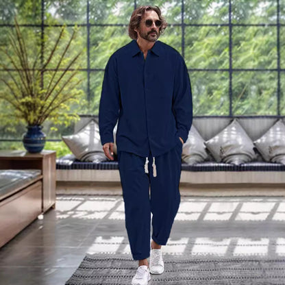 Men's Cotton And Linen Shirt Loose Long-sleeved Trousers Two-piece Suit