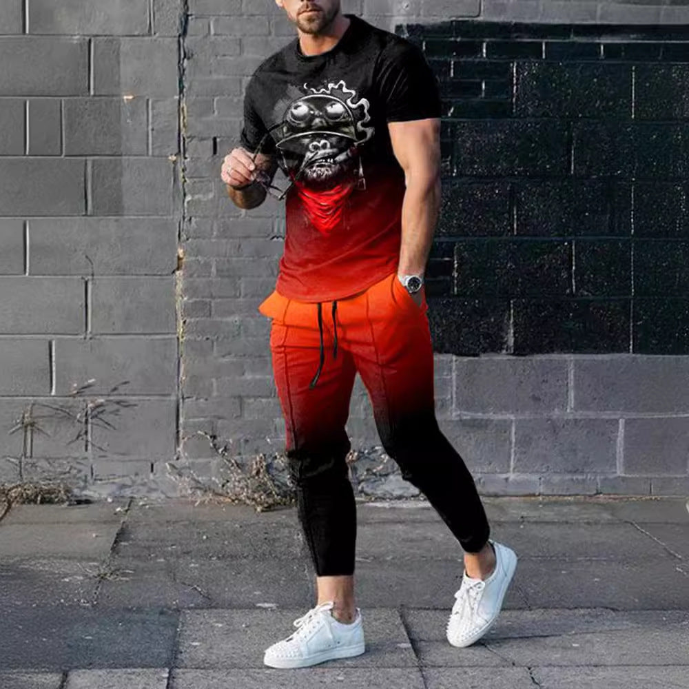 Short-sleeved Men's Cotton-like Fashionable Printed Thin Round Neck Pullover Men's Suit