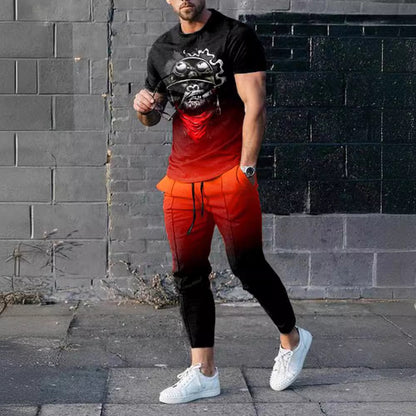 Short-sleeved Men's Cotton-like Fashionable Printed Thin Round Neck Pullover Men's Suit