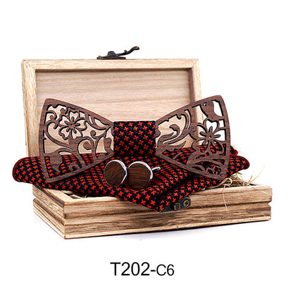 Wooden Hollow Fashion Bow Tie Cufflinks Set