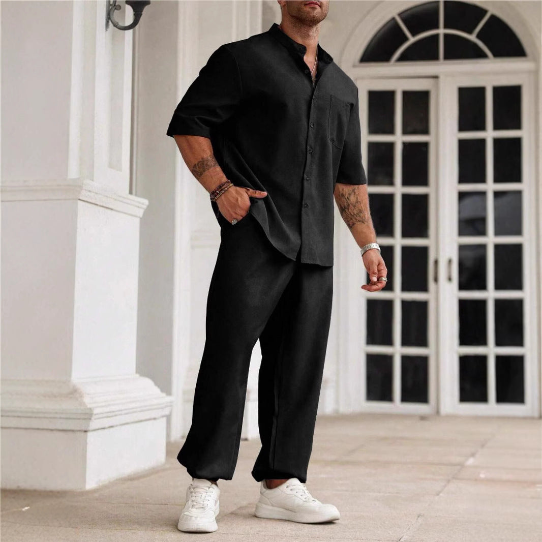 Men's Commuter Cotton And Linen Casual Button Short-sleeved Trousers