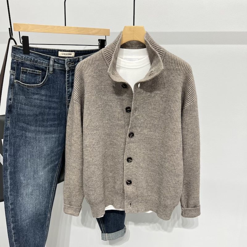 Stand Collar Cardigan Sweater Men Loose Casual Jacket