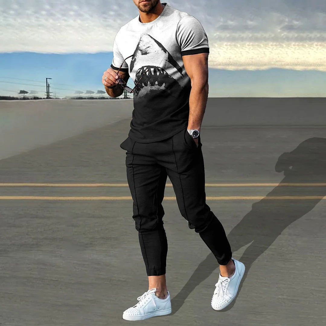 Short-sleeved Men's Cotton-like Fashionable Printed Thin Round Neck Pullover Men's Suit