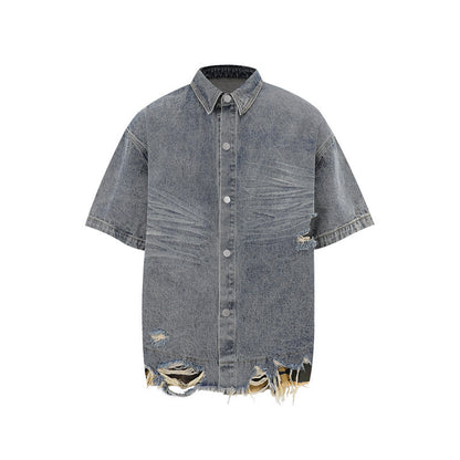 Cut Edge Stitching Leopard Print Denim Short Sleeve