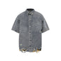Cut Edge Stitching Leopard Print Denim Short Sleeve