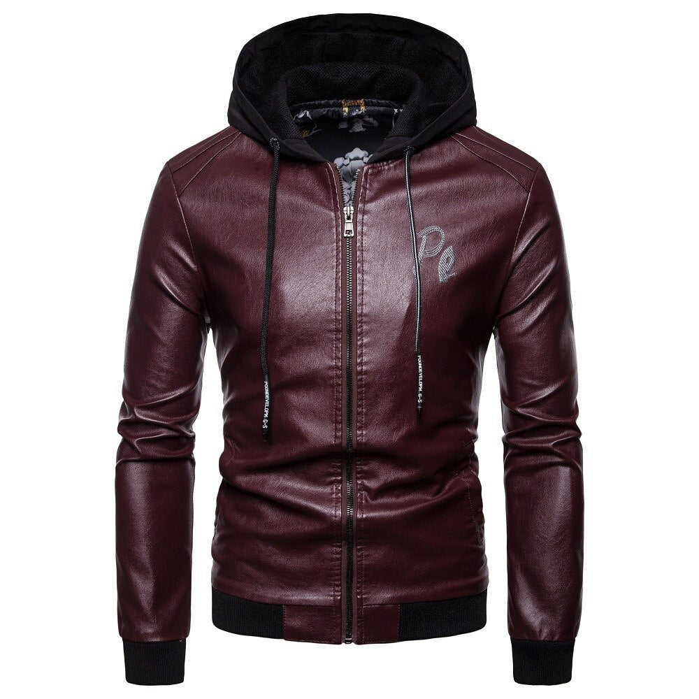 Men's British fashion hooded leather coat