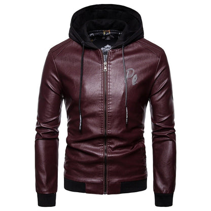 Men's British fashion hooded leather coat