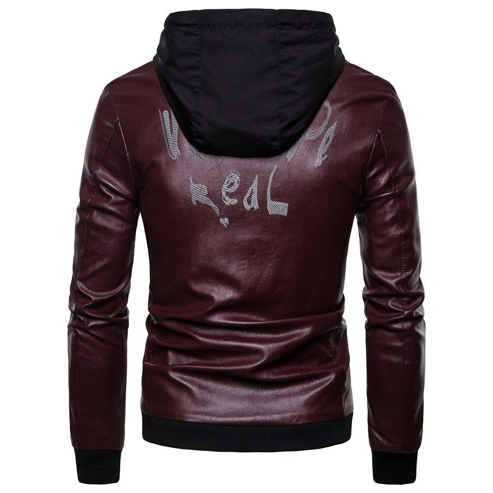 Men's British fashion hooded leather coat