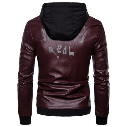 Men's British fashion hooded leather coat