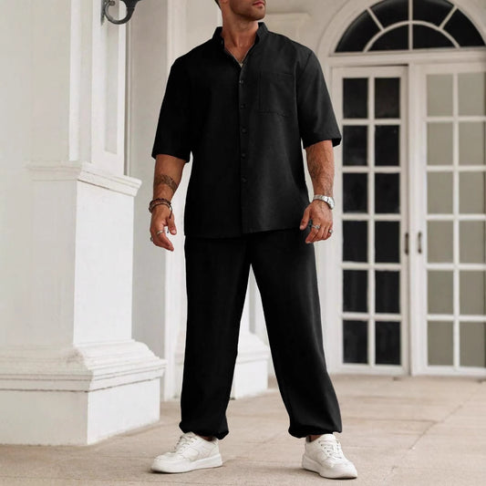 Men's Commuter Cotton And Linen Casual Button Short-sleeved Trousers