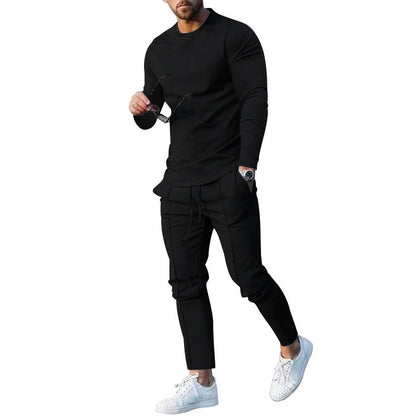 Spring Round Neck Long Sleeve T-shirt Trousers Solid Color Men's Two-piece Suit