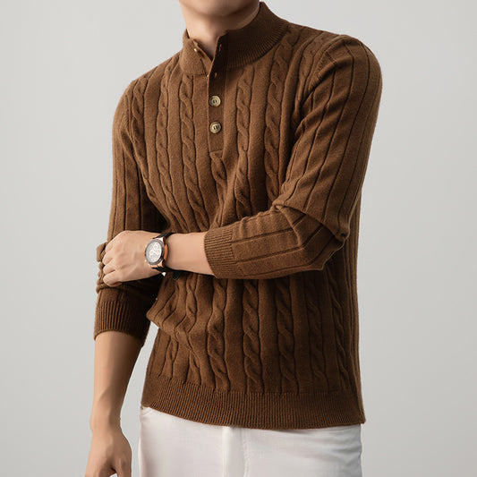 Half-height Henry Collar Button Twisted Sweater Thick Fashion Men's Knitwear