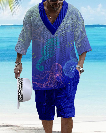 Men's Casual Jacquard Loose-fitting Short-sleeved Shorts Two-piece Set