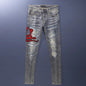 Worn Looking Washed-out Hole Patch Trendy Brand Embroidered Slim Fit Jeans