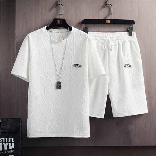 Men's Trendy Solid Color Casual T-shirt Lace-up Five-point Pants Suit