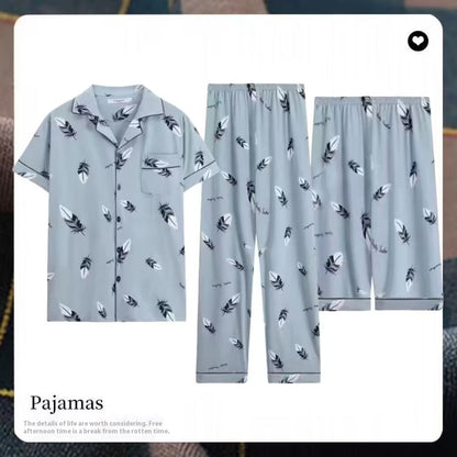 Three-piece Pajamas Men's Summer Pure Cotton Short Sleeve Trousers Suit