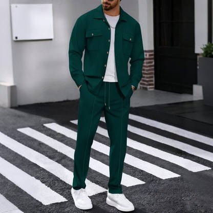 Autumn New Waffle Long-sleeved Trousers Two-piece Set Cardigan Shirt Suit