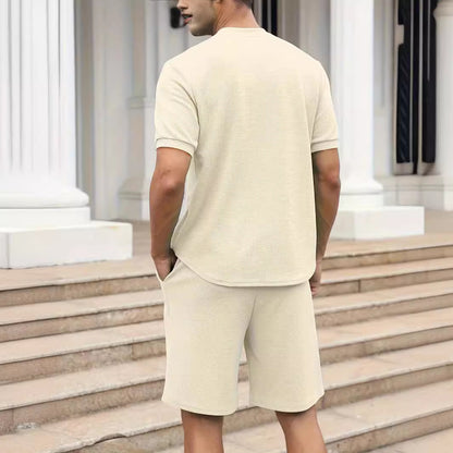 Waffle Stand Collar Solid Color Zipper Short Sleeve Trousers Suit Men