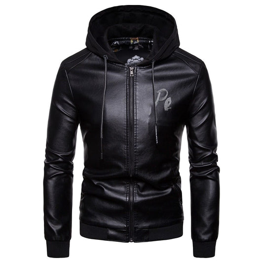 Men's British fashion hooded leather coat