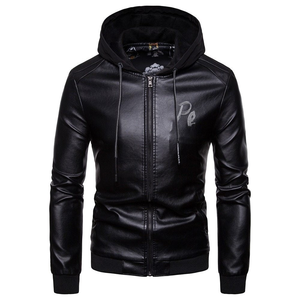 Men's British fashion hooded leather coat