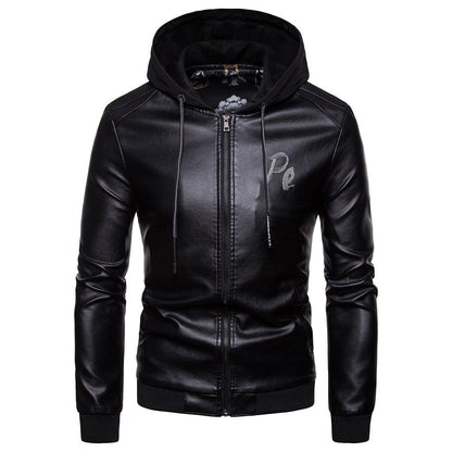 Men's British fashion hooded leather coat